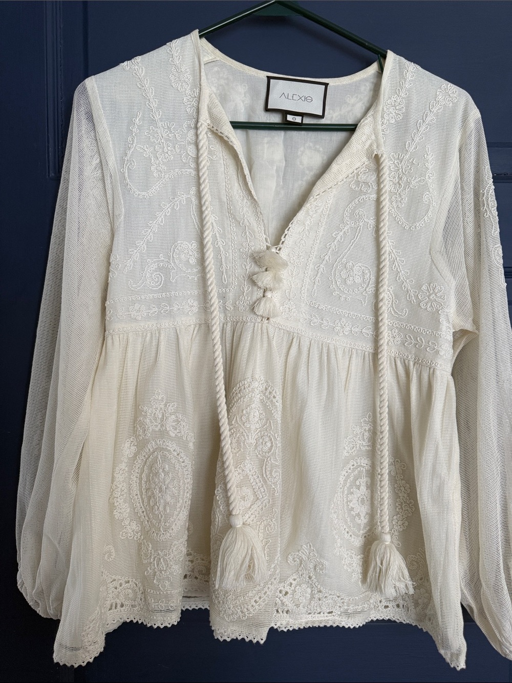 Alexis Ivory Embroidered Peasant Blouse with Tassel Ties